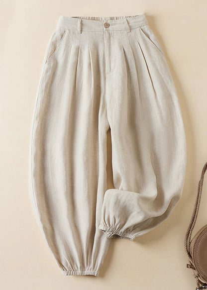 Linen Pockets Elastic Waist Linen Crop Pants Summer Gg061