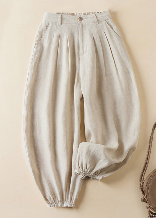 Linen Pockets Elastic Waist Linen Crop Pants Summer Gg061