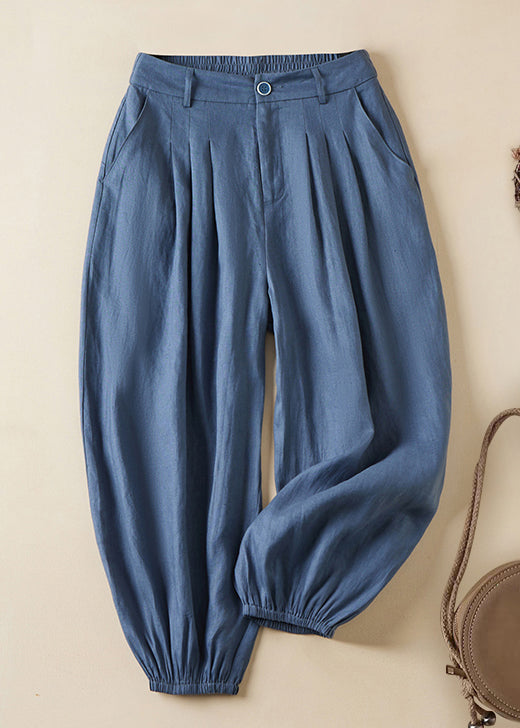 Linen Pockets Elastic Waist Linen Crop Pants Summer Gg061