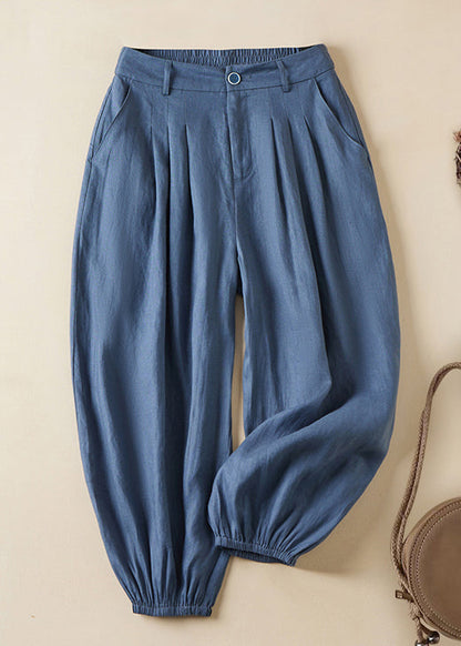 Linen Pockets Elastic Waist Linen Crop Pants Summer Gg061