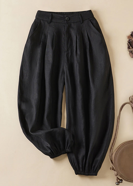 Linen Pockets Elastic Waist Linen Crop Pants Summer Gg061