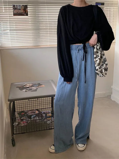 Long Sleeve T-shirts Crop Top Soft Daily Loose Slouchy Drawstring Hem O-neck Basic Femme Tees