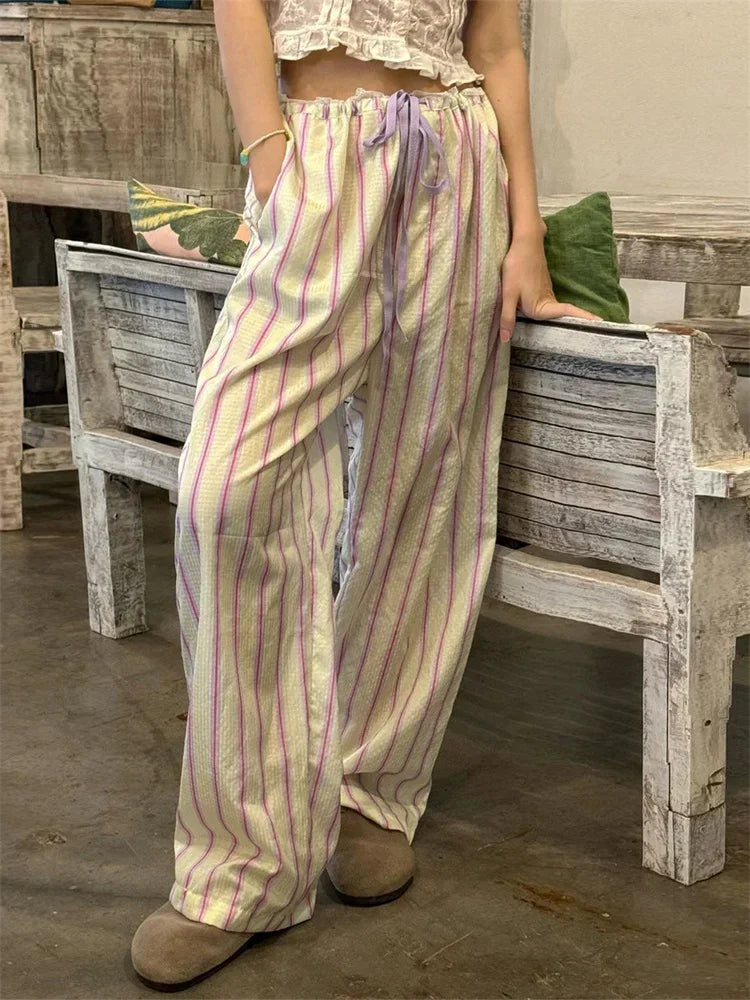 Stripe Drawstring Wide Leg Sweatpant Pant