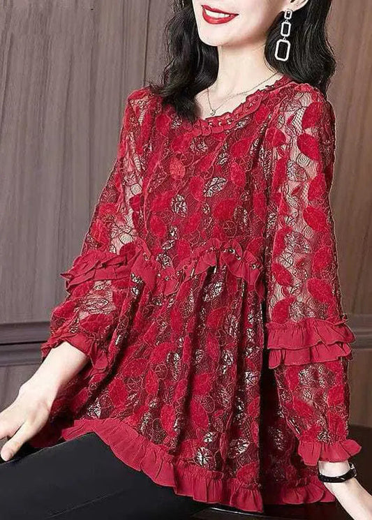 Mulberry Ruffled Patchwork Lace Blouse Tops Spring Ha1025