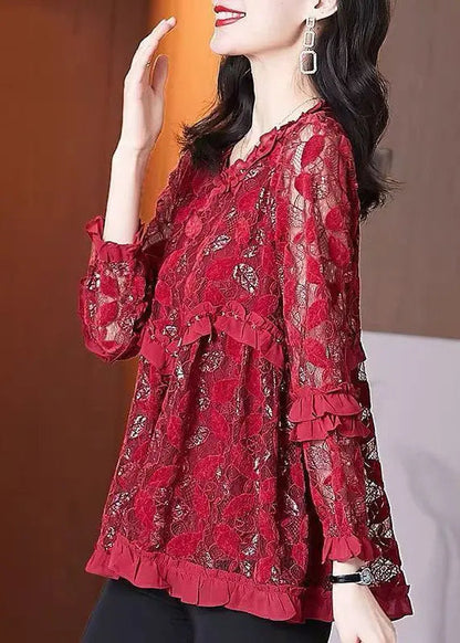 Mulberry Ruffled Patchwork Lace Blouse Tops Spring Ha1025