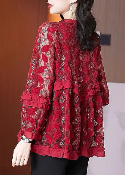 Mulberry Ruffled Patchwork Lace Blouse Tops Spring Ha1025