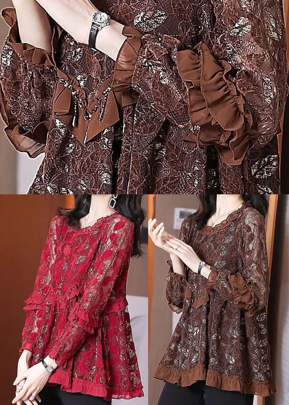 Mulberry Ruffled Patchwork Lace Blouse Tops Spring Ha1025