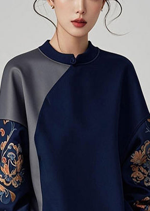 Navy Asymmetrical Patchwork Cotton Pullover Sweatshirt Spring Yj042
