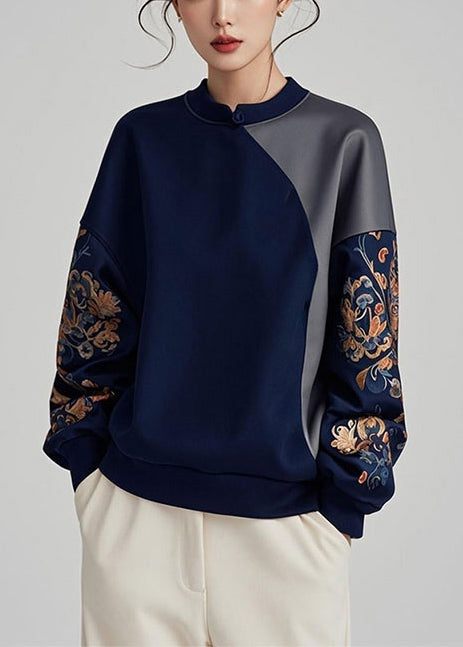 Navy Asymmetrical Patchwork Cotton Pullover Sweatshirt Spring Yj042