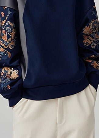 Navy Asymmetrical Patchwork Cotton Pullover Sweatshirt Spring Yj042