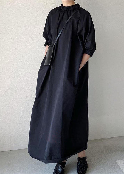 Navy Back Zippered Cotton Maxi Dress Half Sleeve Tz013