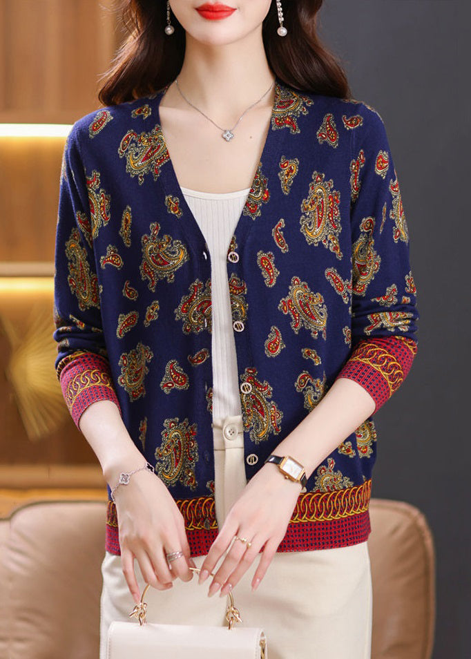 Navy Button Print Cozy Knit Cardigan Spring Tb008