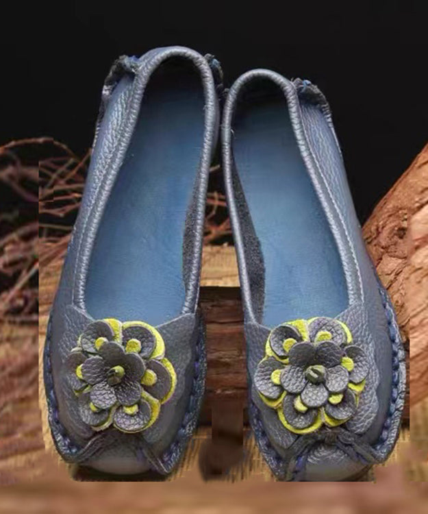 Navy Faux Leather Flower Splicing Flat Feet Shoes Sl1028