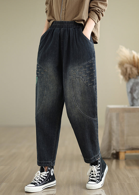 Navy Pockets Elastic Waist Denim Pants Fall Qo053