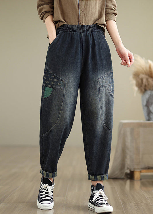 Navy Pockets Elastic Waist Denim Pants Fall Qo053