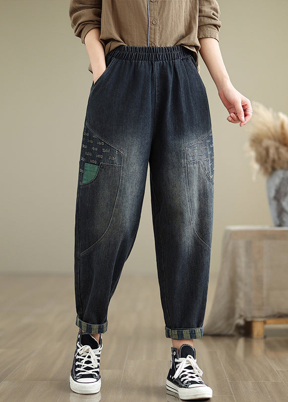 Navy Pockets Elastic Waist Denim Pants Fall Qo053