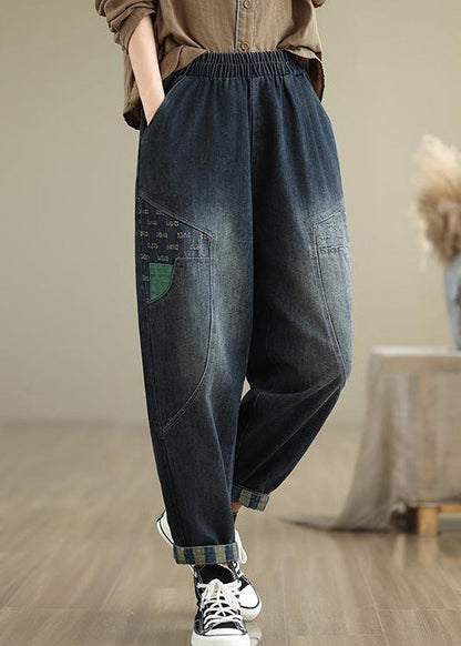 Navy Pockets Elastic Waist Denim Pants Fall Qo053