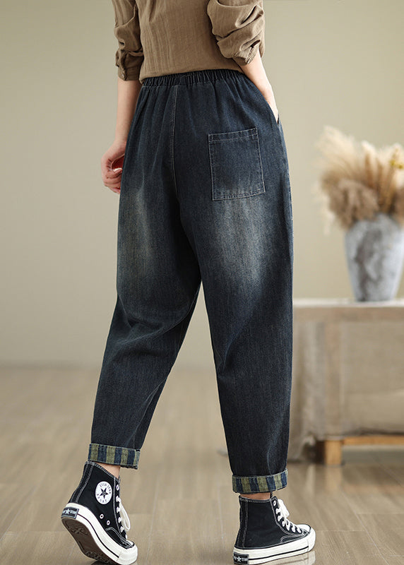 Navy Pockets Elastic Waist Denim Pants Fall Qo053