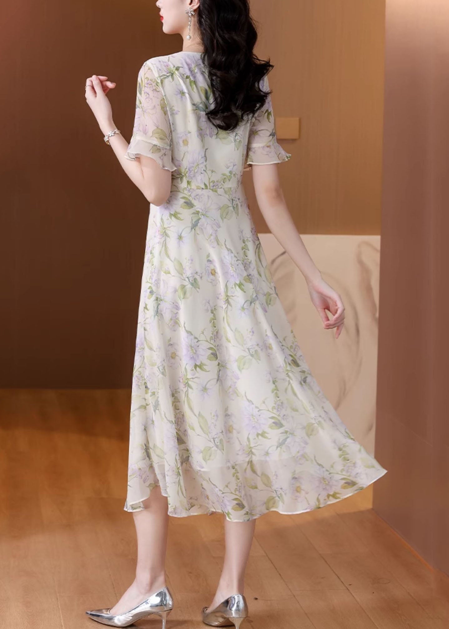 O Neck Print Chiffon Long Dress Summer Bb015