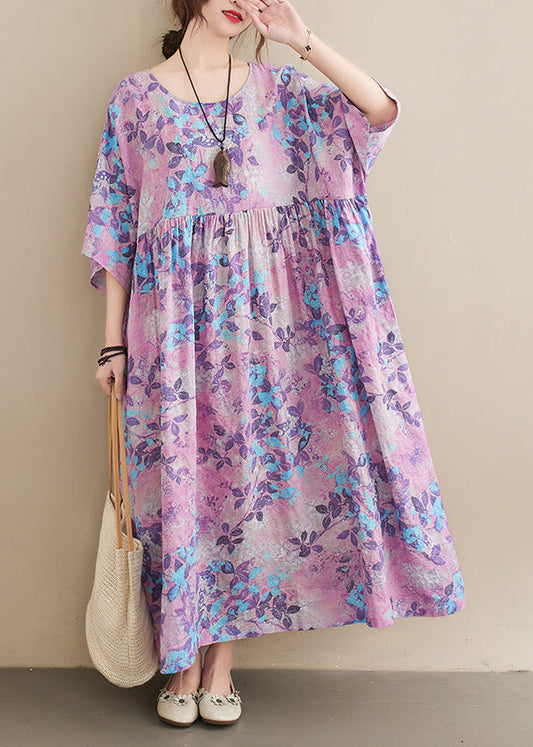 O-neck Print Patchwork Wrinkled Cotton Maxi Dresses Summer Lc0006