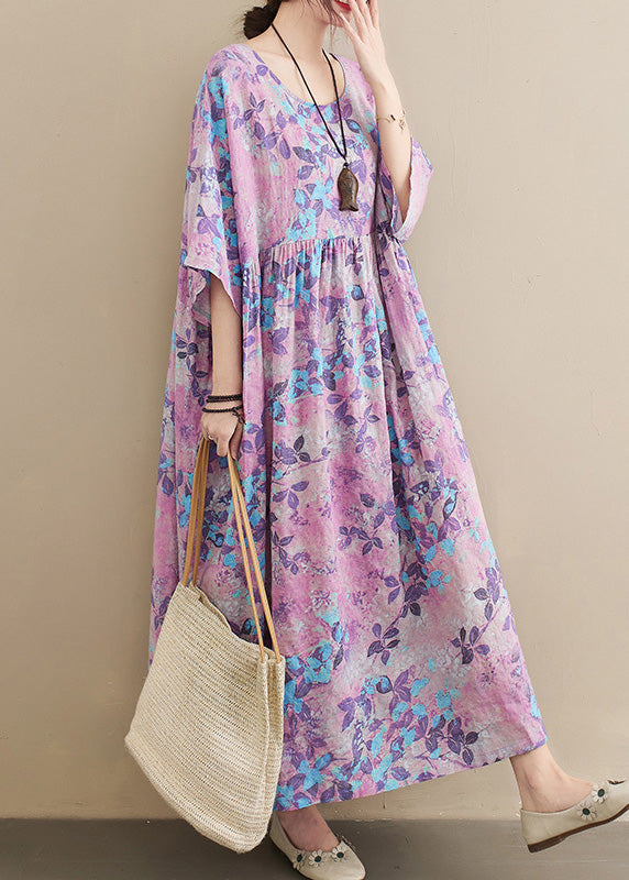 O-neck Print Patchwork Wrinkled Cotton Maxi Dresses Summer Lc0006
