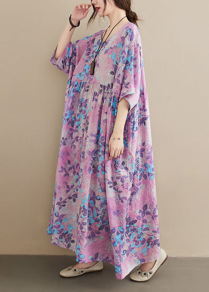 O-neck Print Patchwork Wrinkled Cotton Maxi Dresses Summer Lc0006