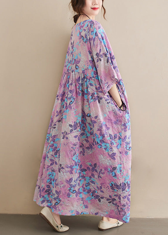 O-neck Print Patchwork Wrinkled Cotton Maxi Dresses Summer Lc0006