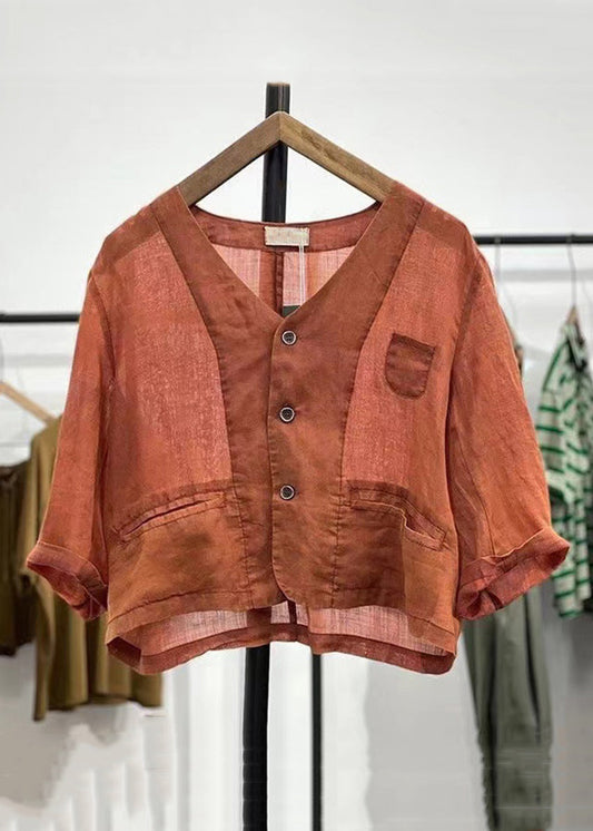 Orange Button Pockets Linen Cardigan Spring Gg046