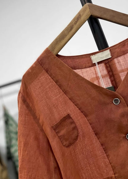 Orange Button Pockets Linen Cardigan Spring Gg046