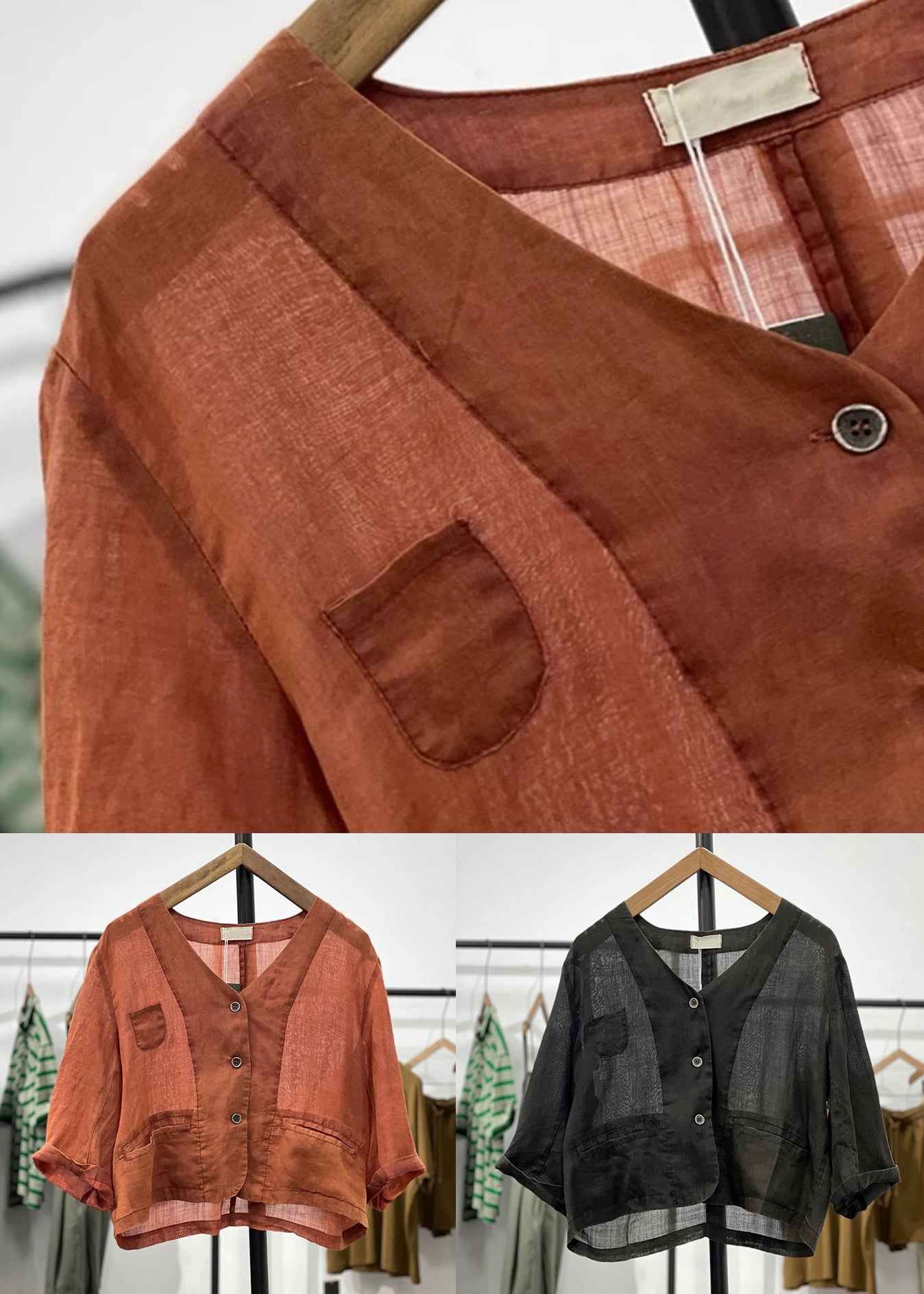 Orange Button Pockets Linen Cardigan Spring Gg046