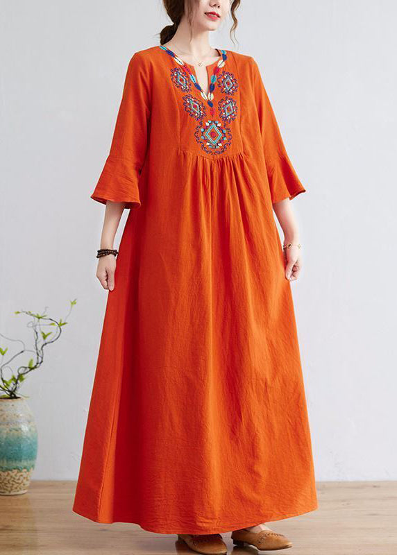 Orange Embroideried Wrinkled Cotton Maxi Dress Bracelet Sleeve Ly0913