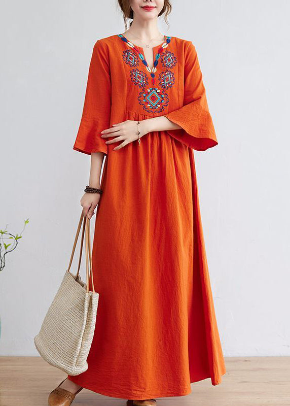 Orange Embroideried Wrinkled Cotton Maxi Dress Bracelet Sleeve Ly0913