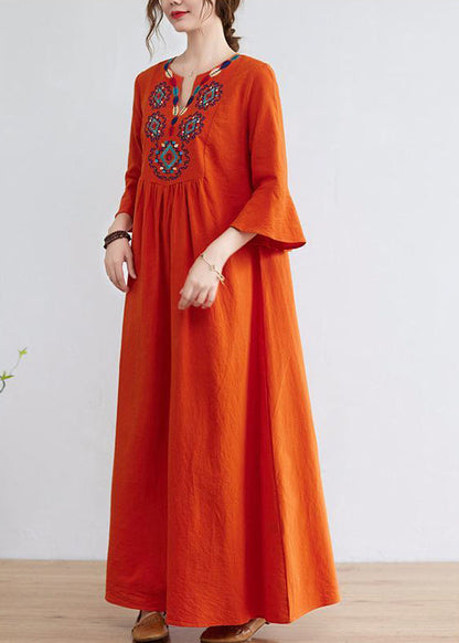Orange Embroideried Wrinkled Cotton Maxi Dress Bracelet Sleeve Ly0913