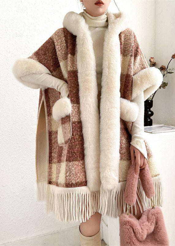 Orange Fur Collar Tasseled Warm Fleece Cape Coats Half Sleeve Yw008