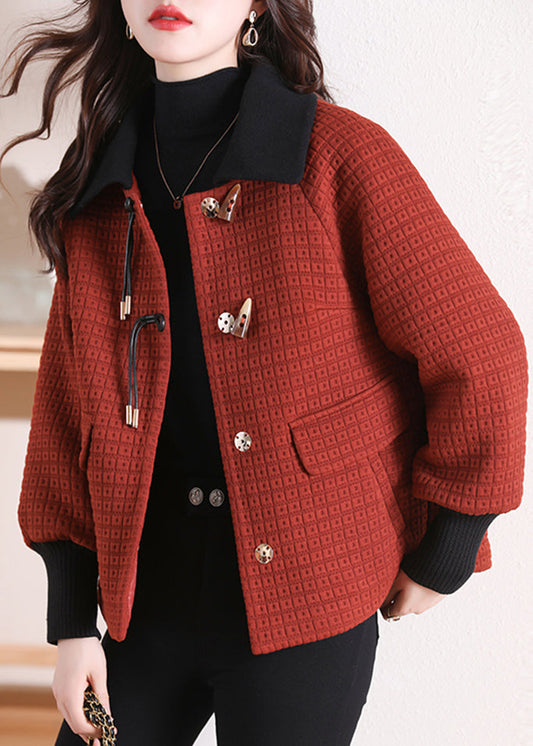 Orange Peter Pan Collar Pockets Cotton Coat Winter Rs047