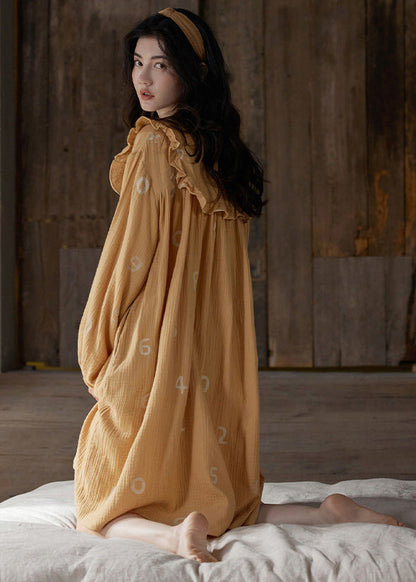 Orange Ruffled Print Cozy Cotton Maxi Dress Long Sleeve To1055