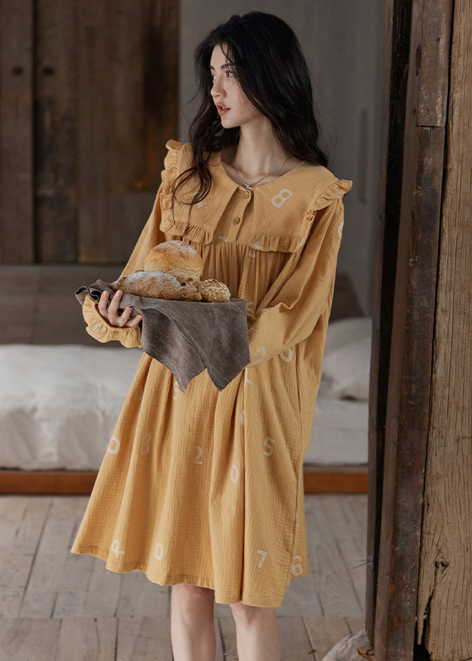 Orange Ruffled Print Cozy Cotton Maxi Dress Long Sleeve To1055