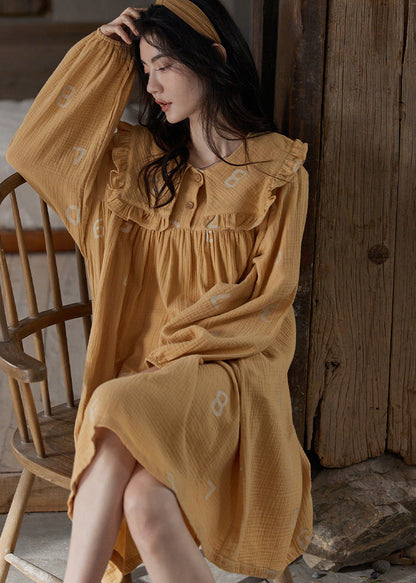 Orange Ruffled Print Cozy Cotton Maxi Dress Long Sleeve Ly1863