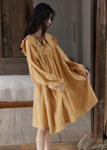 Orange Ruffled Print Cozy Cotton Maxi Dress Long Sleeve Ly1863