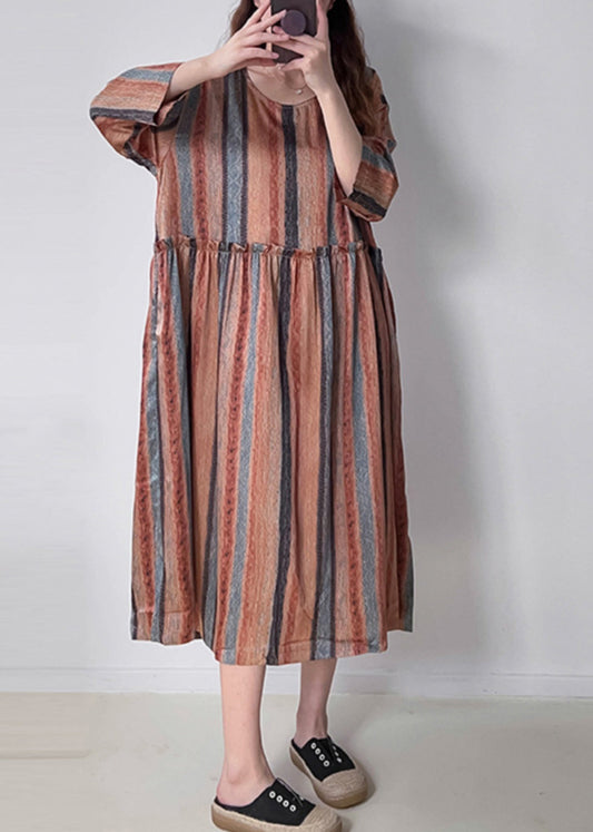 Orange Striped Patchwork Silk Cotto Long Dresses Long Sleeve Vv073
