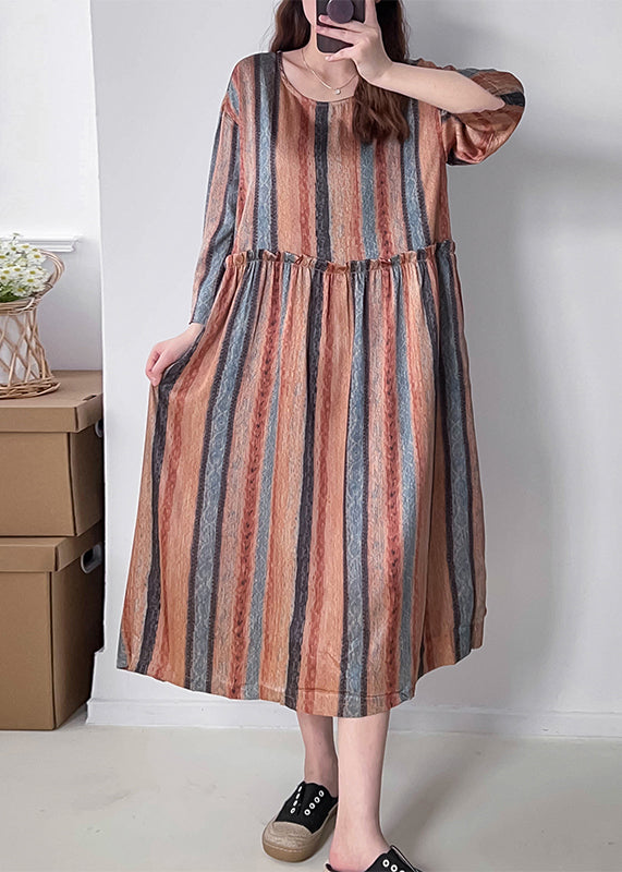 Orange Striped Patchwork Silk Cotto Long Dresses Long Sleeve Vv073