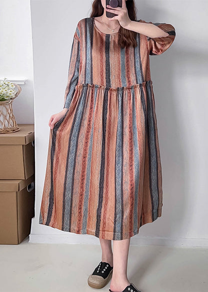 Orange Striped Patchwork Silk Cotto Long Dresses Long Sleeve Vv073