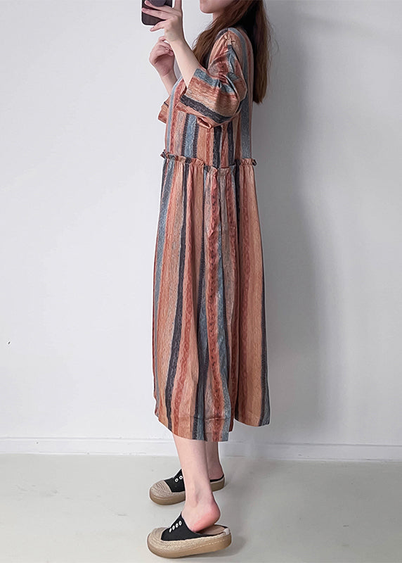 Orange Striped Patchwork Silk Cotto Long Dresses Long Sleeve Vv073