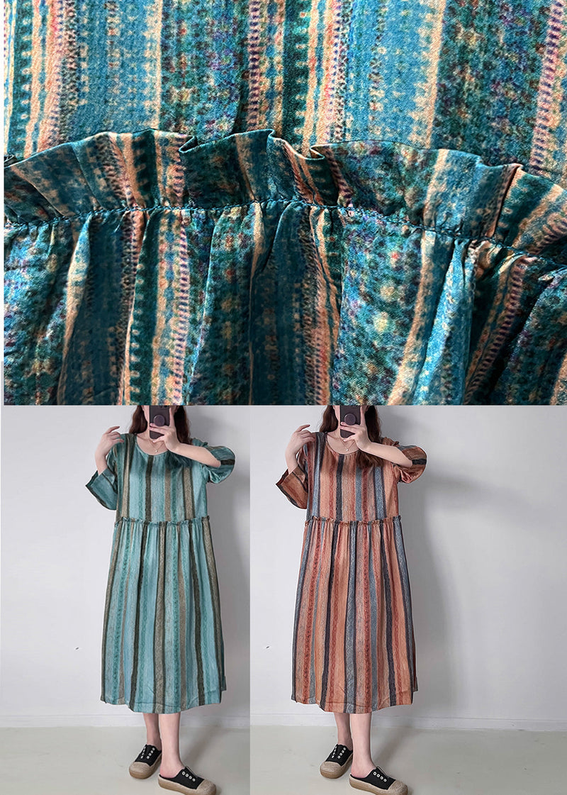 Green O-neck Ruffled Wrinkled Silk Cotto Maxi Dress Spring Vv040