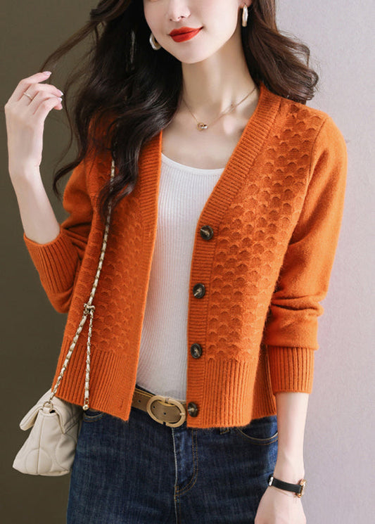 Orange V Neck Button Wool Knit Cardigan Winter Er021
