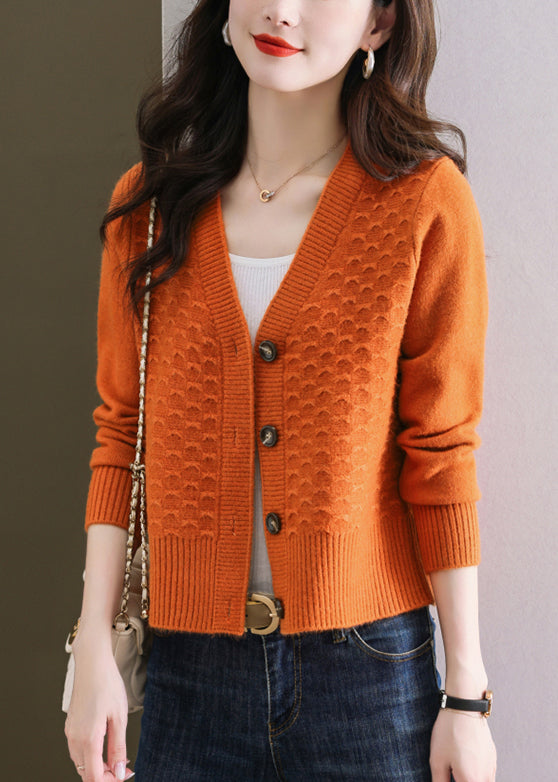 Orange V Neck Button Wool Knit Cardigan Winter Er021