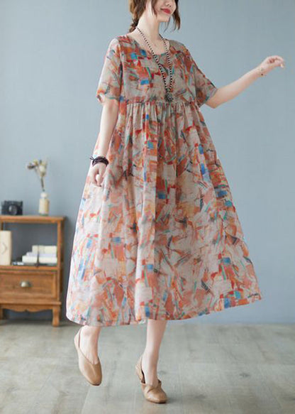 Oversized Print Exra Large Hem Cotton Long Dresses Short Sleeve Ly0917
