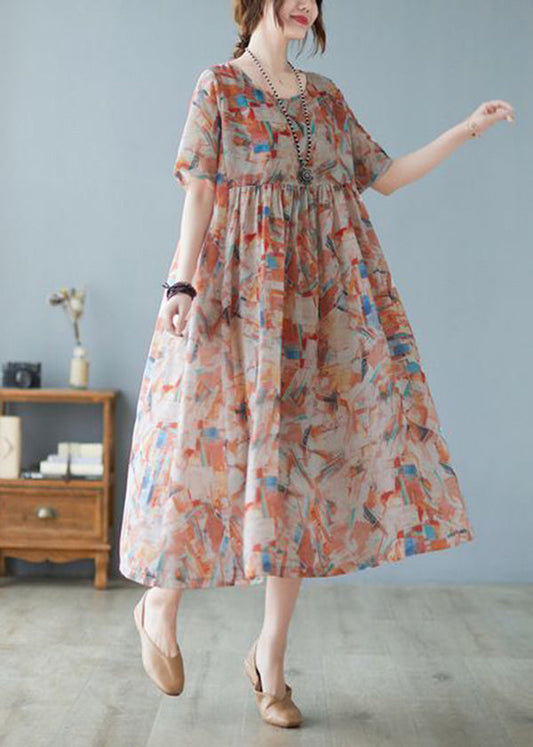 Oversized Print Exra Large Hem Cotton Long Dresses Short Sleeve Ly0917