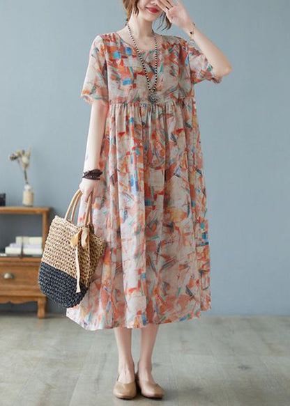 Oversized Print Exra Large Hem Cotton Long Dresses Short Sleeve Ly0917