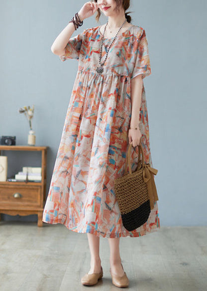 Oversized Print Exra Large Hem Cotton Long Dresses Short Sleeve Ly0917